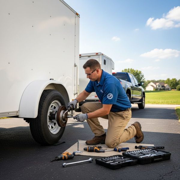 Skilled technician repairing trailer axle in Granger driveway with tools and equipment