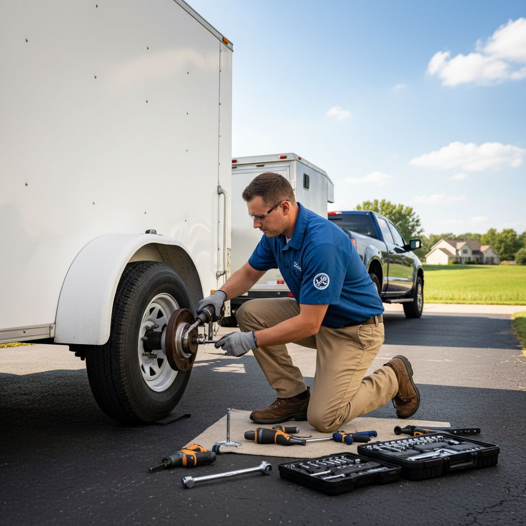 Skilled technician repairing trailer axle in Granger driveway with tools and equipment