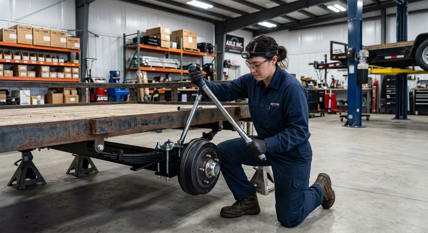 Skilled technician in branded uniform replacing Dexter trailer axle on utility trailer in Elkhart workshop