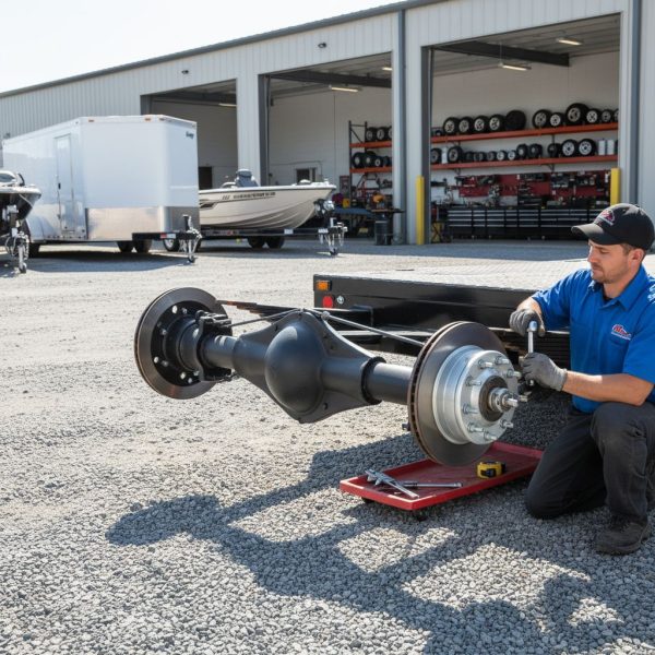 Professional image of heavy-duty trailer axle under utility trailer with technician inspecting components in outdoor workshop, surrounded by various trailers and tools.