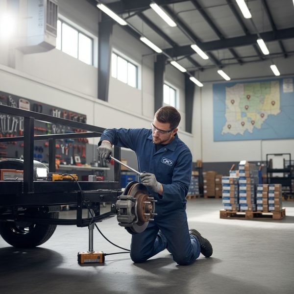 Skilled technician repairing trailer axle in professional workshop