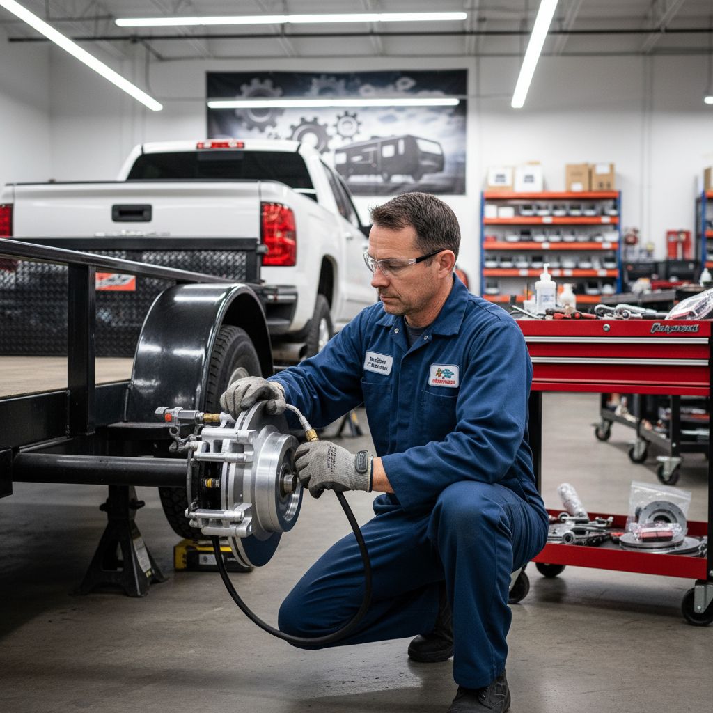 Skilled mechanic installing hydraulic disc brakes on a utility trailer in an Elkhart workshop, with tools and parts arranged neatly.