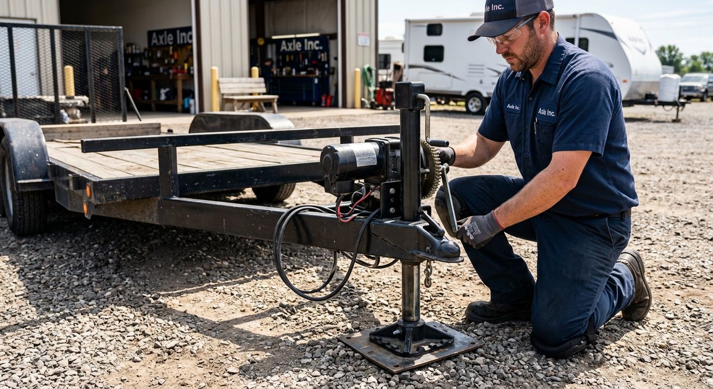 Professional technician adjusting heavy-duty electric trailer jack on utility trailer tongue in sunny parking lot, tools and RV in background, conveying quality installation expertise.