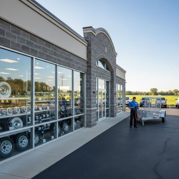 Exterior view of a modern trailer parts store in Plymouth, Indiana, with technician, utility trailer, and lush countryside background