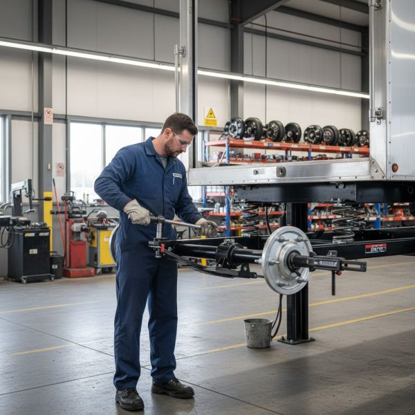 Skilled technician installing new heavy-duty axle on cargo trailer in workshop