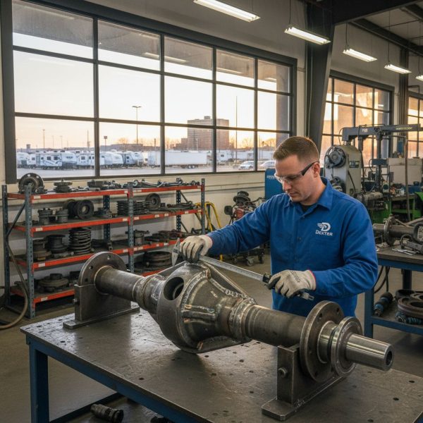 Professional photograph of custom trailer axle fabrication in Elkhart workshop by skilled technician.