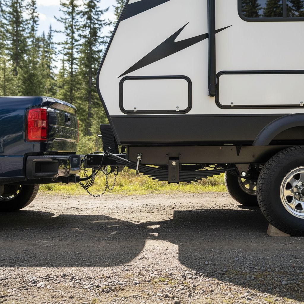 Professional photo of RV trailer displaying leaf spring suspension on campground road, emphasizing durability and adventure.