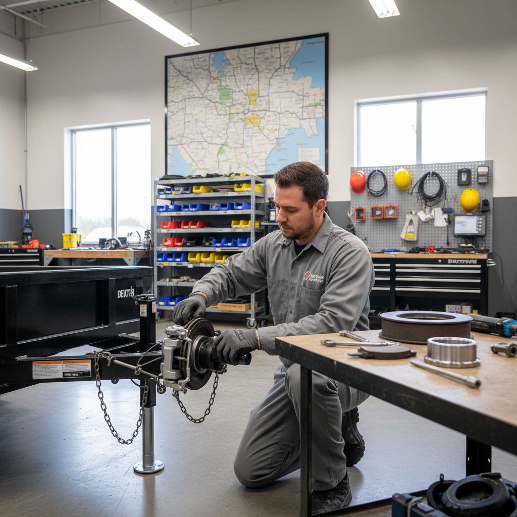 Skilled technician repairing trailer axle in professional workshop in Indiana
