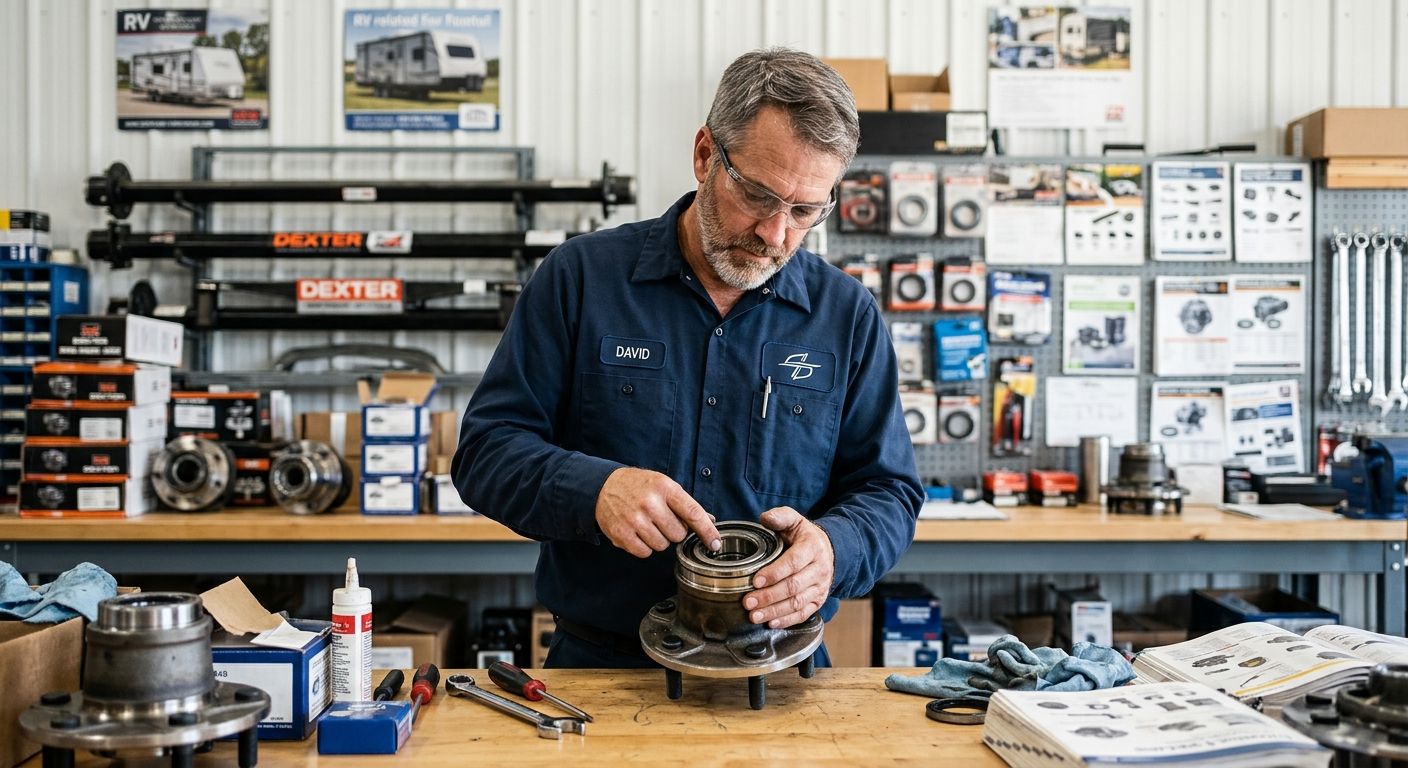 Experienced trailer technician inspecting premium trailer hubs in Elkhart, Indiana shop, emphasizing quality and reliability.