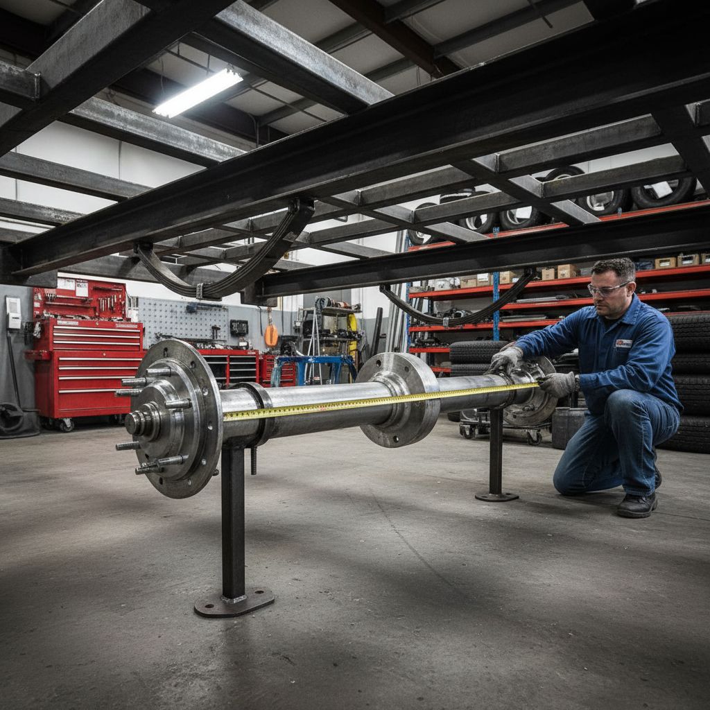 Professional image of 3500 lb trailer axle installation in Elkhart workshop with technician measuring for precise fitment.