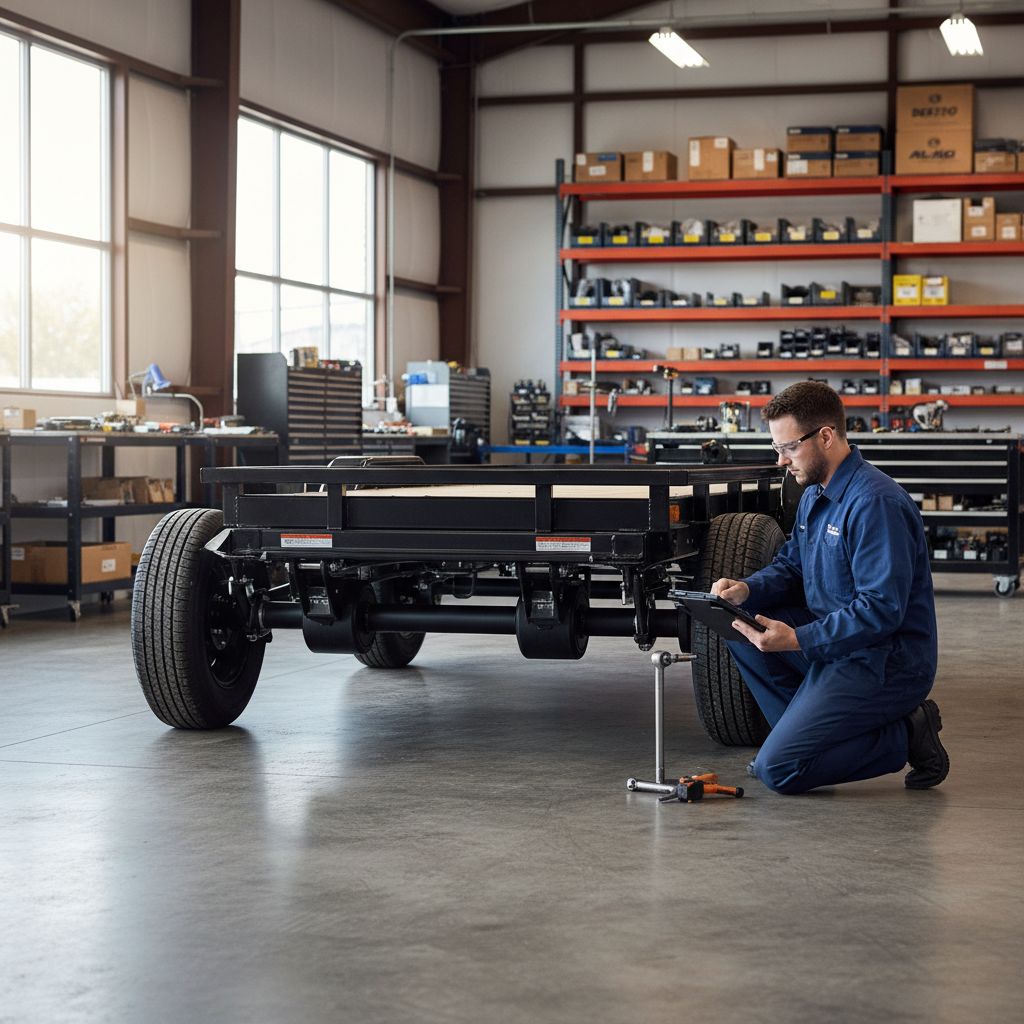 A technician in blue uniform inspecting torsion axles on a utility trailer in an Elkhart workshop, showcasing rubber suspension and tools.
