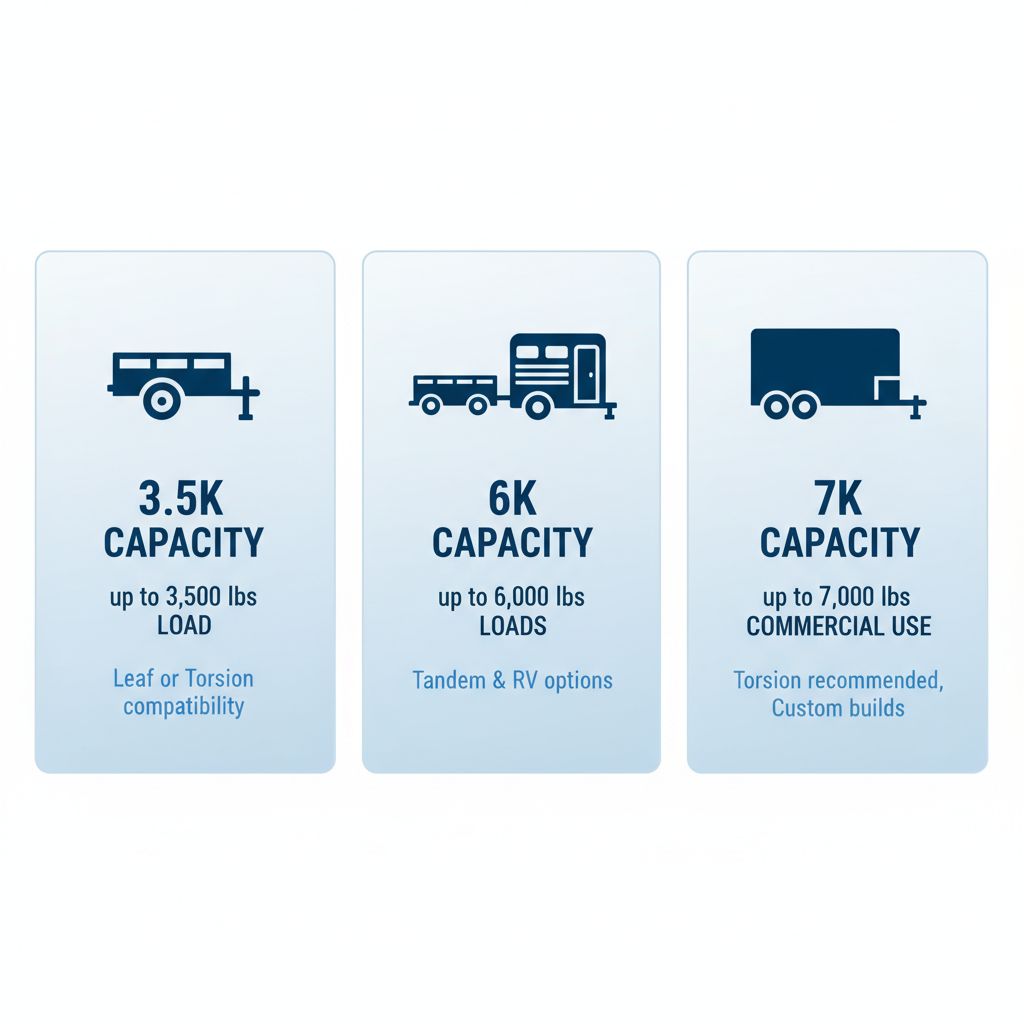 Infographic comparing 3.5K, 6K, and 7K heavy-duty trailer axle capacities with icons and key features