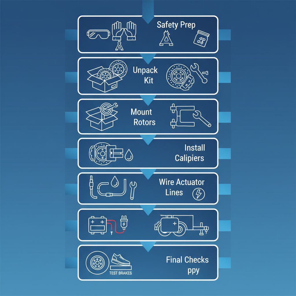 Vertical process flow diagram illustrating seven steps for DIY trailer brake conversion installation with icons and arrows
