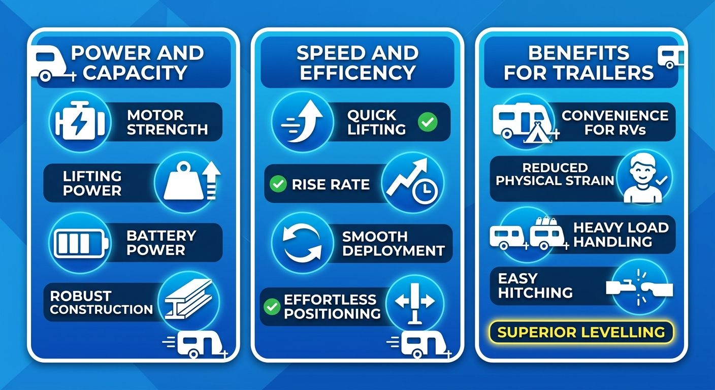 Infographic displaying electric trailer jacks features in three panels: power and battery icons, speed and load checkmarks, operation benefits for RVs and heavy loads