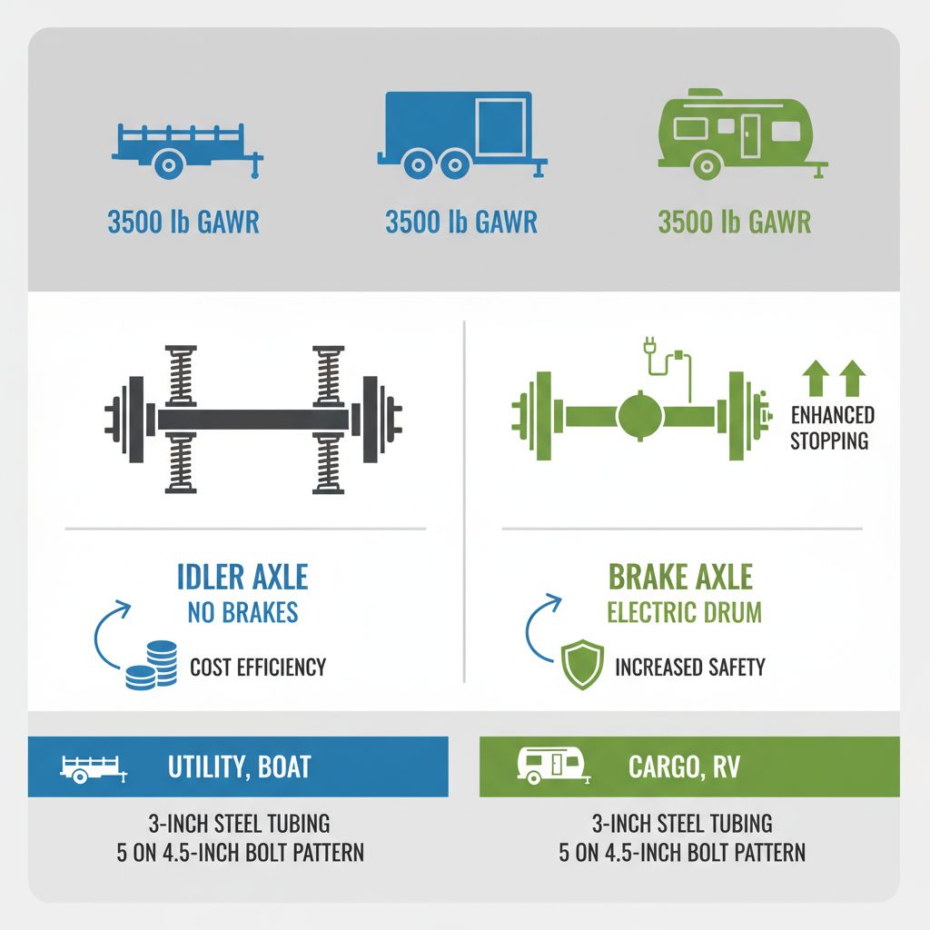 Infographic illustrating differences between 3500 lb idler and brake trailer axles with icons and labels