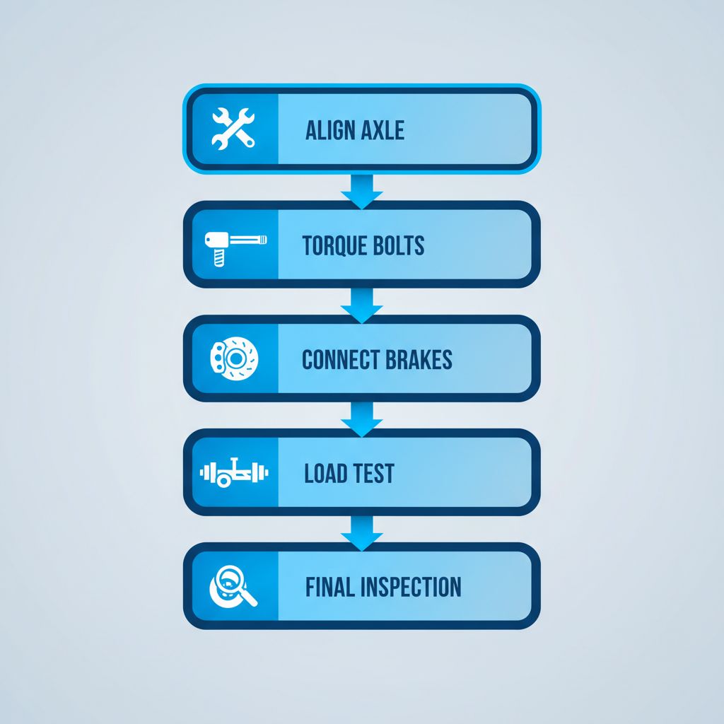 Vertical process flow diagram showing five stages of professional cargo trailer axle installation