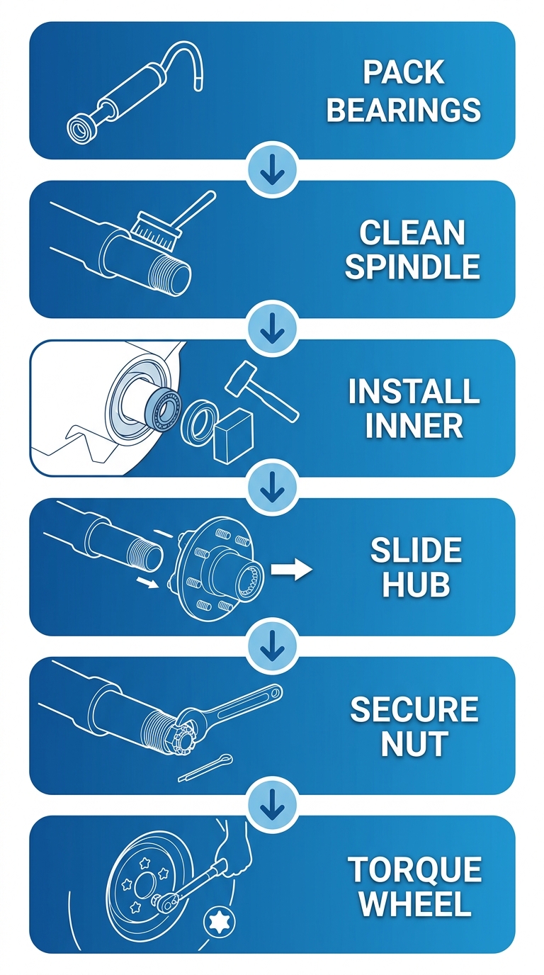 Vertical process flow diagram depicting steps to install a new trailer hub on an axle spindle