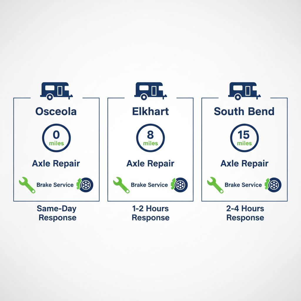 Infographic showing comparison of trailer service areas in Osceola, Elkhart, and South Bend with distances, services, and response times