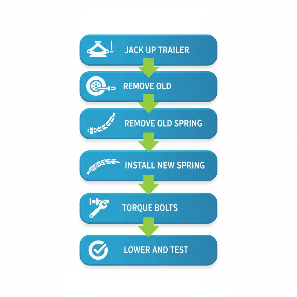Vertical process flow diagram illustrating the five steps for replacing leaf springs in an RV trailer suspension