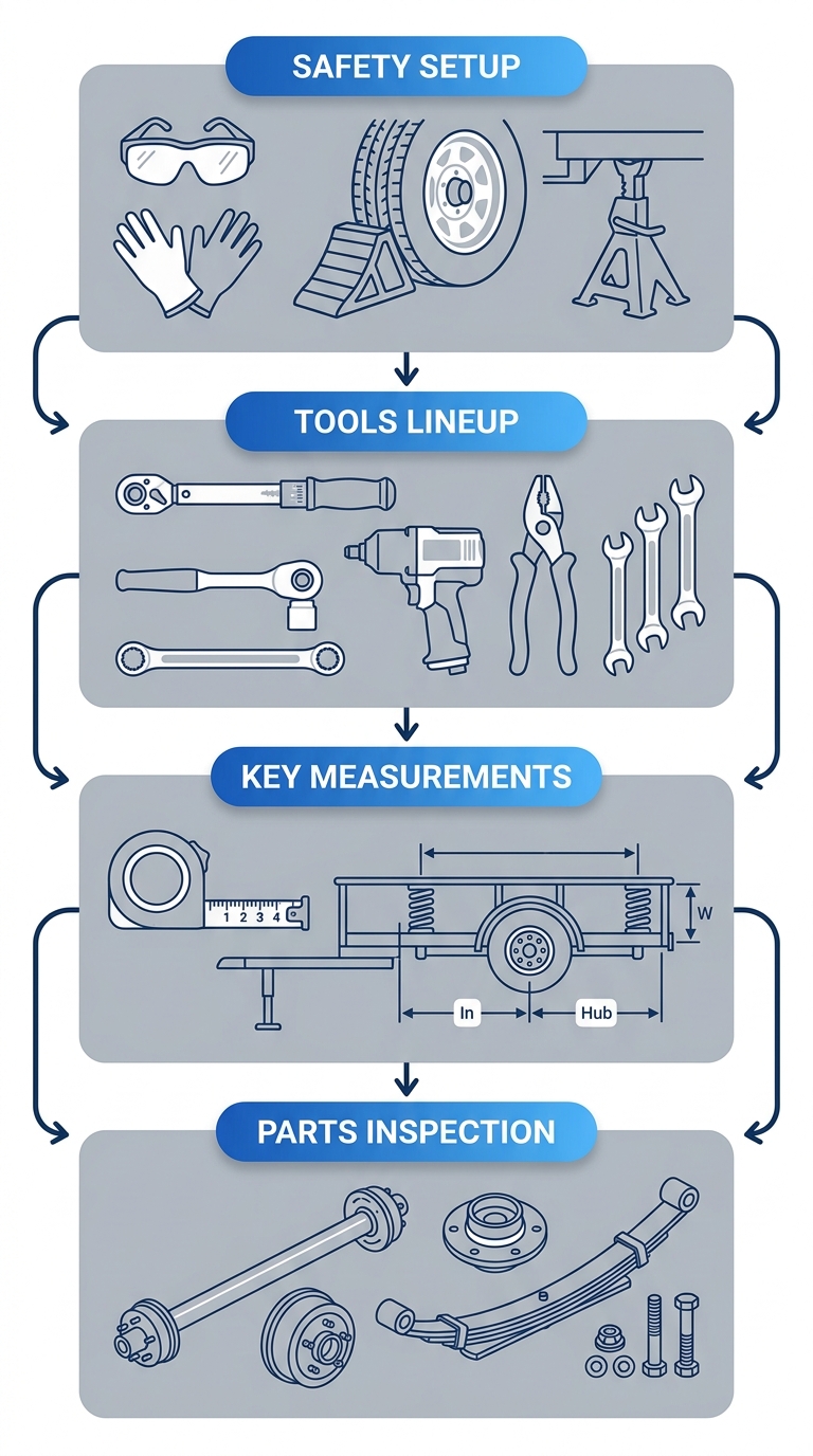 Vertical process flow diagram showing four steps for preparing Dexter trailer axle replacement: safety setup, tools, measurements, and parts inspection.