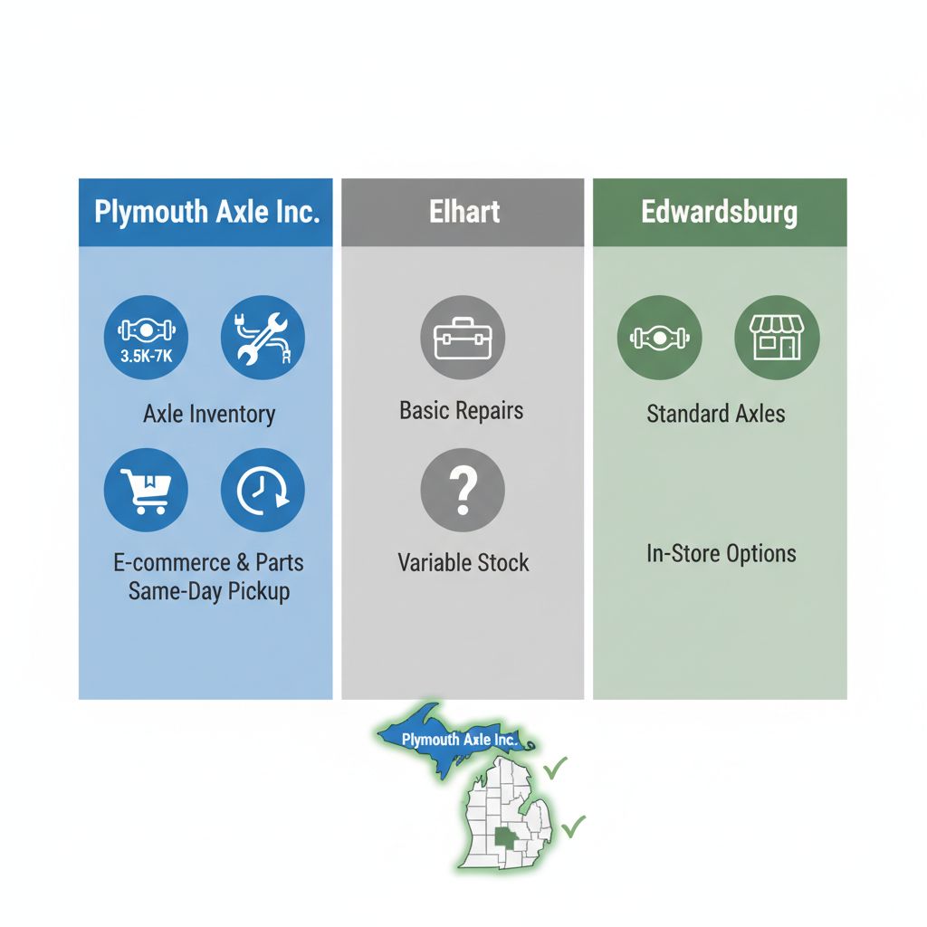 Infographic comparing trailer axle inventory and repair services in Plymouth, Indiana, versus Elkhart and Edwardsburg areas with icons and minimal labels.